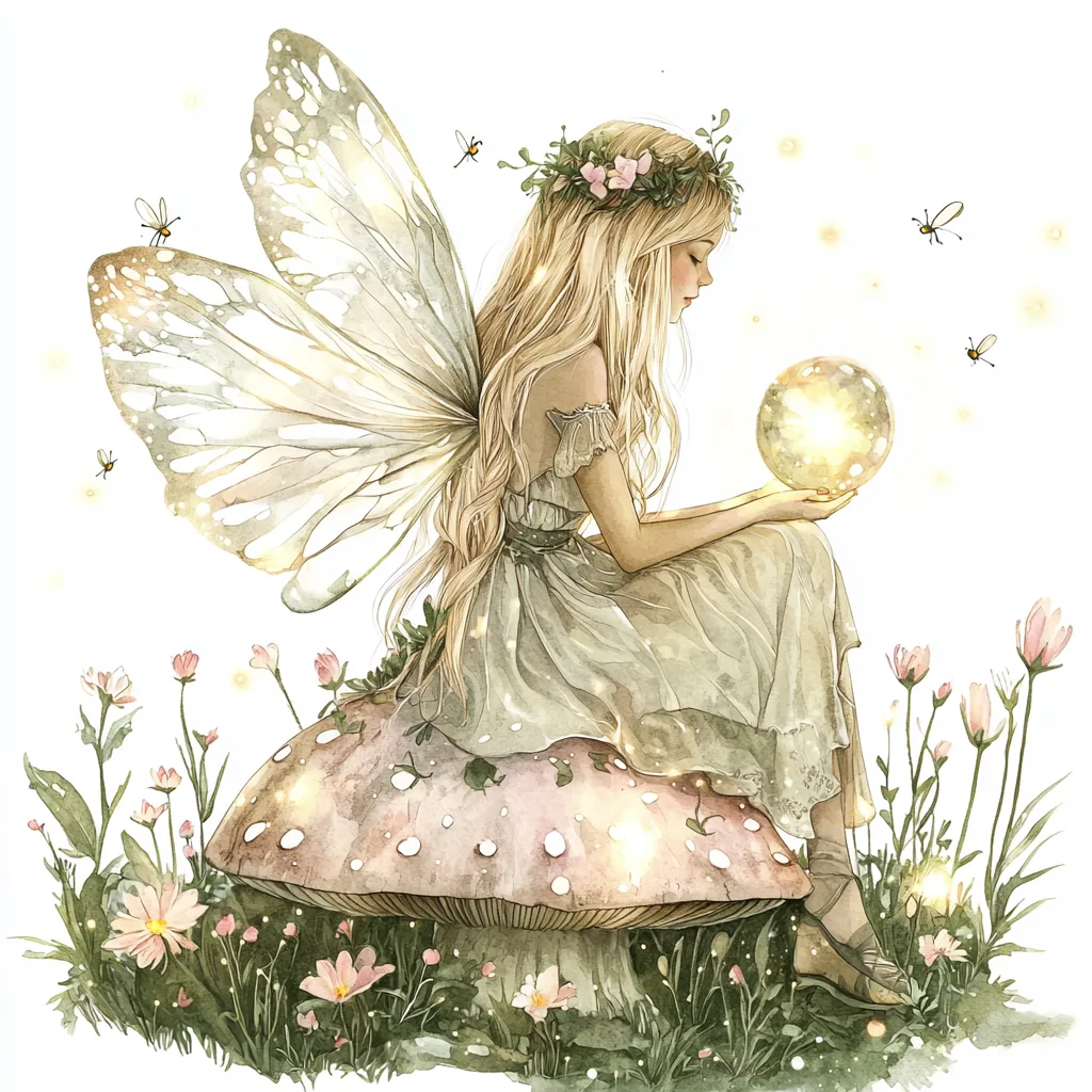 A whimsical blonde fairy sitting on a vibrant red mushroom surrounded by pastel pink flowers