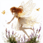 An enchanting fairy sitting on a mushroom with intricate patterns and a dreamy expression