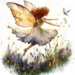 A whimsical fairy dancing among vibrant lavender blossoms with delicate wings shimmering in soft light