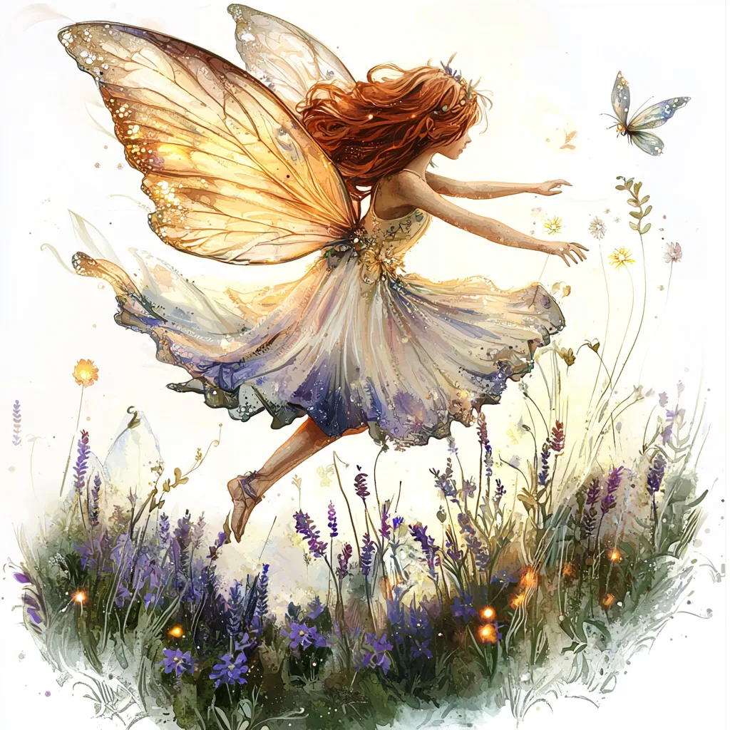 A whimsical fairy dancing among vibrant lavender blossoms with delicate wings shimmering in soft light