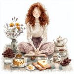 A cozy character surrounded by an array of fruits and flowers creating a warm inviting atmosphere