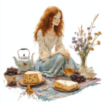 A serene moment captured with a character smiling while holding a slice of pie under a sunny sky