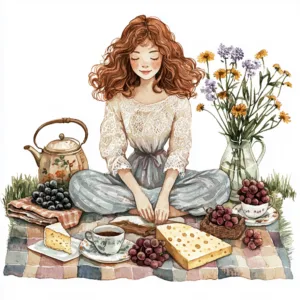 A whimsical picnic scene featuring a red-haired character sitting on a checkered blanket surrounded by assorted pastries