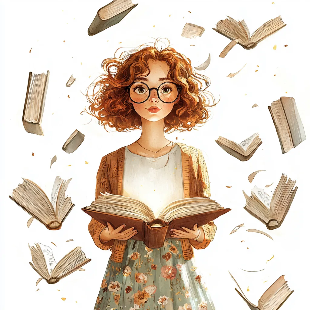 An enchanting scene of colorful books swirling around a smiling teacher in a cozy reading nook