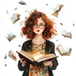 A whimsical librarian character joyfully surrounded by floating books in vibrant shades of blue and pink