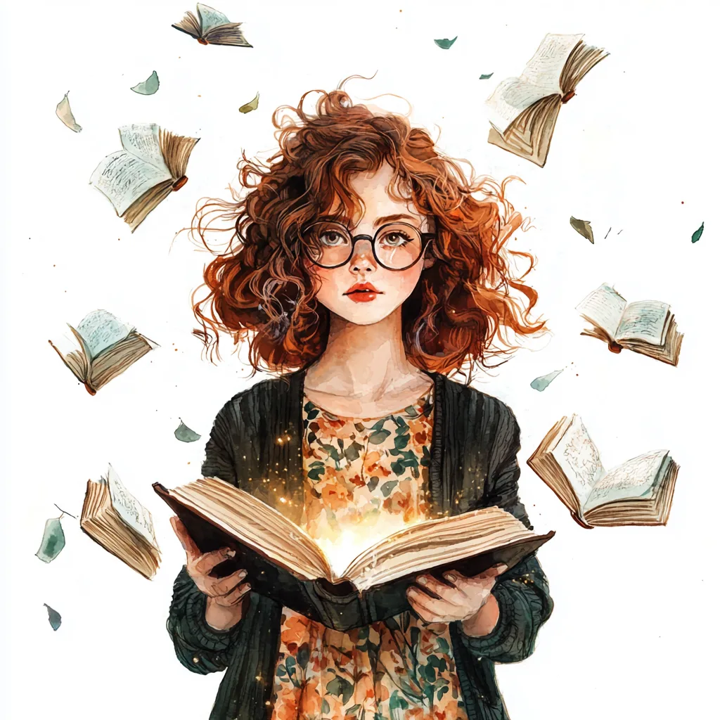 A whimsical librarian character joyfully surrounded by floating books in vibrant shades of blue and pink