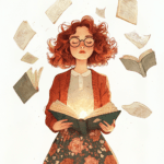 A charming illustration of an open book with magical sparkles and whimsical characters emerging from its pages