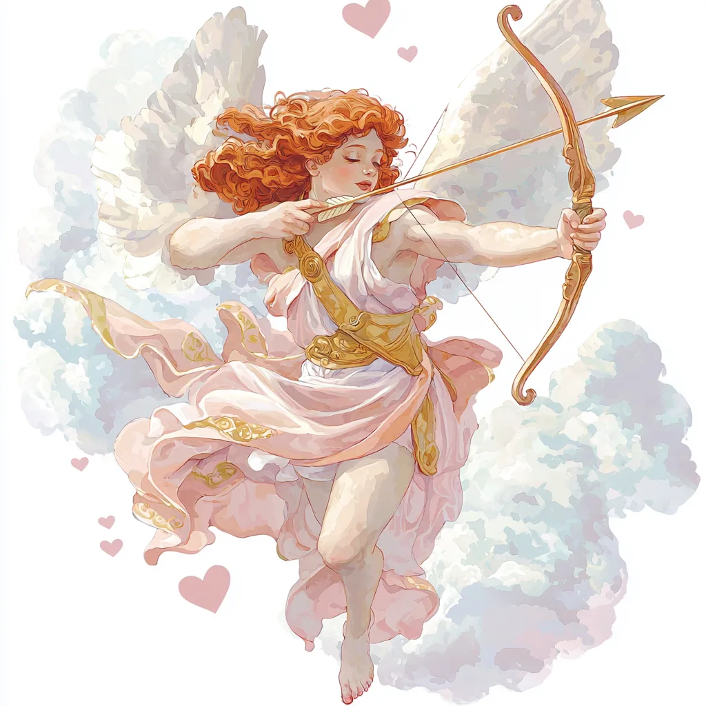 An adorable cupid sitting on a fluffy cloud surrounded by colorful hearts and sparkles