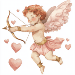 A romantic cupid with curly hair gently holding a bouquet of red roses and surrounded by soft clouds