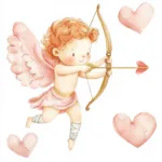 A whimsical cherub with golden wings aiming a heart-tipped arrow against a soft pink background