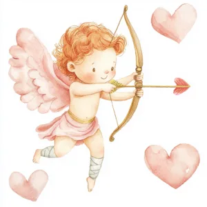 A whimsical cherub with golden wings aiming a heart-tipped arrow against a soft pink background