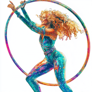 A graceful dancer elegantly poses with a colorful hoop radiating vibrant hues of blue and pink