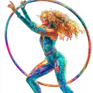 A graceful dancer elegantly poses with a colorful hoop radiating vibrant hues of blue and pink
