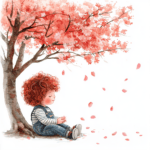 A cute girl dancing in a field of cherry blossoms wearing a flowing dress with bright colors