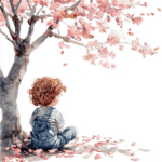 A charming illustration of a young girl joyfully holding a bunch of cherry blossoms in a pastel colored dress
