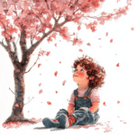 A delightful scene of a child lying on the grass surrounded by delicate pink flowers under a sunny sky