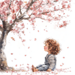 A joyful scene featuring a group of children playing together in a garden filled with blooming cherry trees