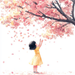 A serene illustration of a child peacefully reading a book under a canopy of cherry blossom petals