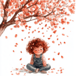 An enchanting image of a little boy gazing up at cherry blossom branches adorned with soft white blooms