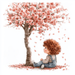A sweet child playing with a playful bunny amidst a backdrop of vibrant cherry blossoms and lush greenery