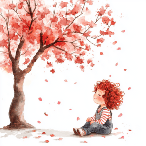 A whimsical child sitting beneath a blooming cherry blossom tree with soft pink petals falling around them