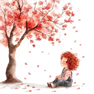 A whimsical child sitting beneath a blooming cherry blossom tree with soft pink petals falling around them