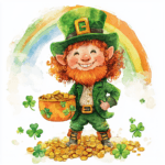 A whimsical leprechaun dancing joyfully surrounded by sparkling shamrocks and colorful flowers