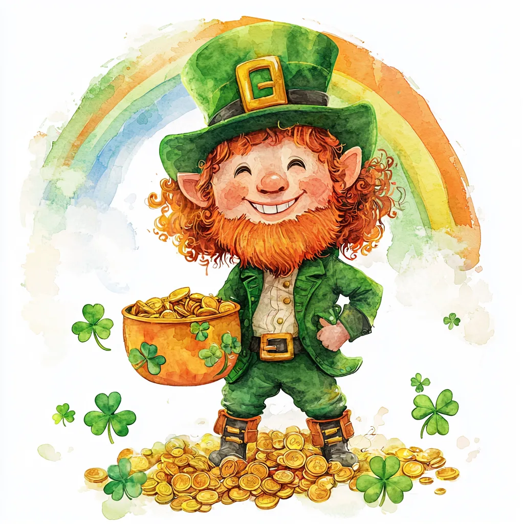 A whimsical leprechaun dancing joyfully surrounded by sparkling shamrocks and colorful flowers