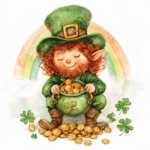 A charming leprechaun with rosy cheeks and a green vest holding a shamrock while smiling widely