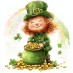 A happy leprechaun waving with a backdrop of a bright blue sky and fluffy white clouds