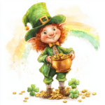 A playful leprechaun peeking from behind a large golden pot filled with shiny coins and treasures
