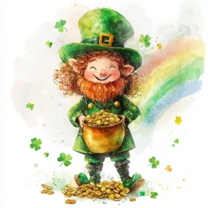 A cheerful leprechaun wearing a green hat and holding a pot of gold under a vibrant rainbow
