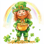 A cute leprechaun sitting on a grassy hilltop with a rainbow arching overhead and shamrocks scattered around