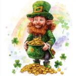 A whimsical scene of a leprechaun riding a rainbow with gold coins raining down around him