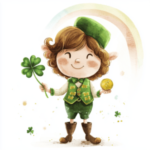 A cheerful leprechaun wearing a green hat and holding a four-leaf shamrock in a vibrant meadow