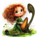 A whimsical red-haired princess character joyfully playing a golden harp surrounded by lush green foliage