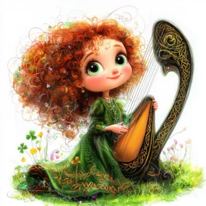 A whimsical red-haired princess character joyfully playing a golden harp surrounded by lush green foliage