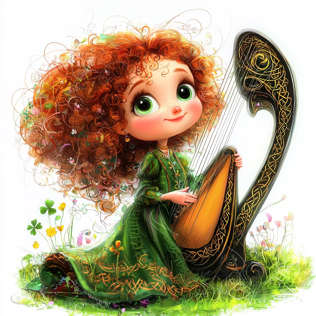 A whimsical red-haired princess character joyfully playing a golden harp surrounded by lush green foliage