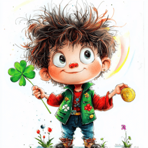 A cheerful leprechaun wearing a green hat and holding a pot of