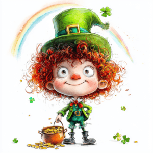 A whimsical leprechaun wearing a tall green hat and a joyful smile stands beside a pot of gold
