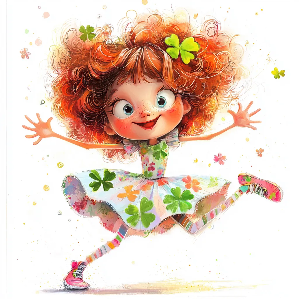 A playful character leaps in mid-air with a cheerful expression and colorful polka dot dress