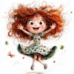 A whimsical dancer with vibrant red hair twirls joyfully under a bright rainbow