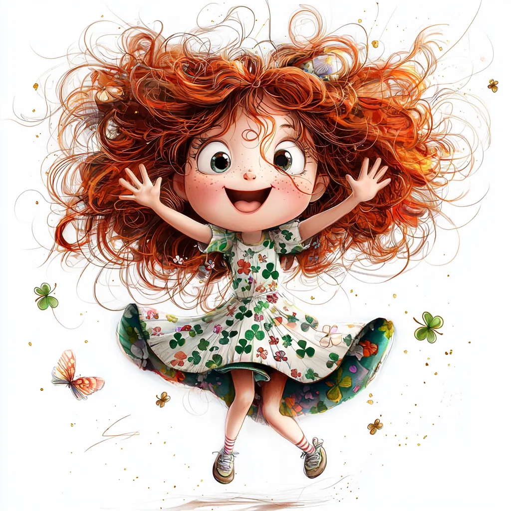 A whimsical dancer with vibrant red hair twirls joyfully under a bright rainbow