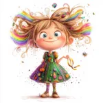 A vibrant rainbow fairy with flowing hair dances among colorful butterflies in a lush green garden
