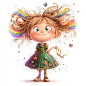 A vibrant rainbow fairy with flowing hair dances among colorful butterflies in a lush green garden