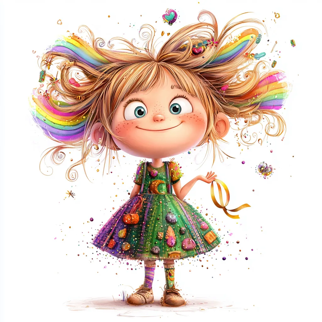 A vibrant rainbow fairy with flowing hair dances among colorful butterflies in a lush green garden