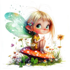 A whimsical fairy with vibrant blue wings and a playful smile sitting on a mushroom surrounded by colorful flowers