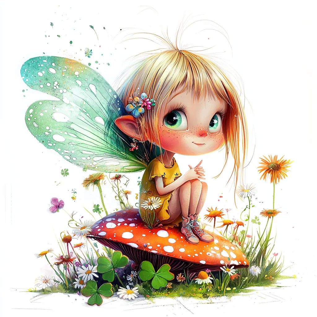 A whimsical fairy with vibrant blue wings and a playful smile sitting on a mushroom surrounded by colorful flowers