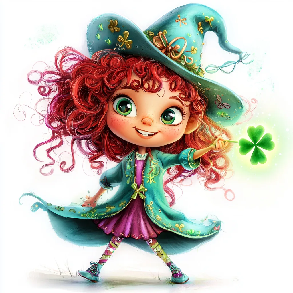 A playful red-haired girl with a big smile holds a pot of gold surrounded by sparkling shamrocks