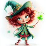 A whimsical red-haired character wearing a green hat and dress joyfully dances in a field of clovers